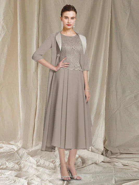 Two Piece A-Line Mother of the Bride Dress Church Elegant Jewel Neck Tea Length Chiffon Lace Half Sleeve Jacket Dresses with Appliques