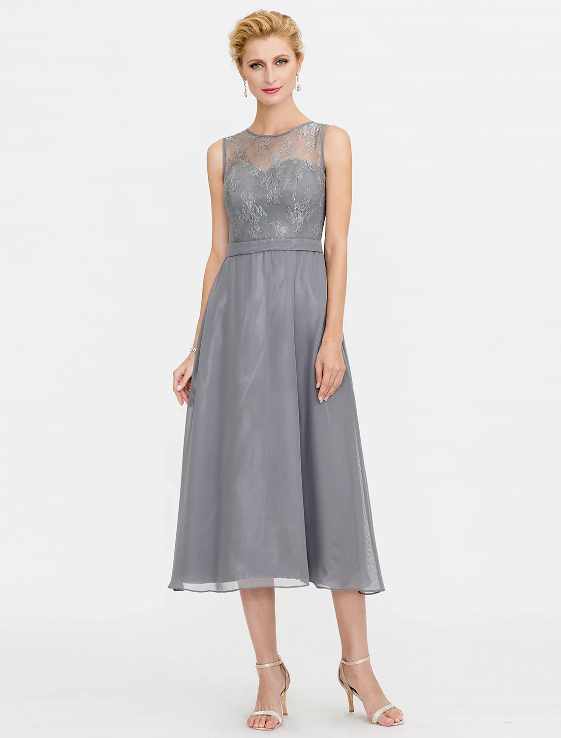 Aimishang A-Line Mother of the Bride Dress Fall Wedding Guest Dresses Plus Size Elegant Illusion Neck Tea Length Chiffon Corded Lace Sleeveless Wrap Included with Lace Pleats
