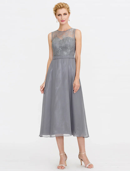 Aimishang A-Line Mother of the Bride Dress Fall Wedding Guest Dresses Plus Size Elegant Illusion Neck Tea Length Chiffon Corded Lace Sleeveless Wrap Included with Lace Pleats