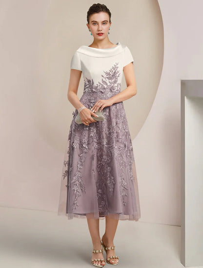 Aimishang  A-Line Mother of the Bride Dress Formal Wedding Guest Elegant Scoop Neck Tea Length Satin Lace Short Sleeve with Sequin Appliques Color Block