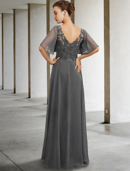 Aimishang A-Line Mother of the Bride Dress Luxurious Elegant V Neck Floor Length Chiffon Lace Short Sleeve with Beading Appliques