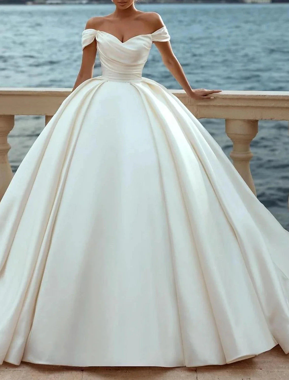 Aimishang Engagement Formal Wedding Dresses Ball Gown Off Shoulder Cap Sleeve Court Train Satin Church Bridal Gowns With Ruched Solid Color Summer Fall Wedding Party