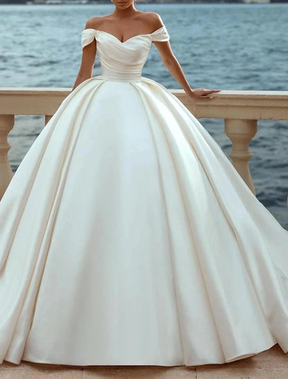Aimishang Engagement Formal Wedding Dresses Ball Gown Off Shoulder Cap Sleeve Court Train Satin Church Bridal Gowns With Ruched Solid Color Summer Fall Wedding Party