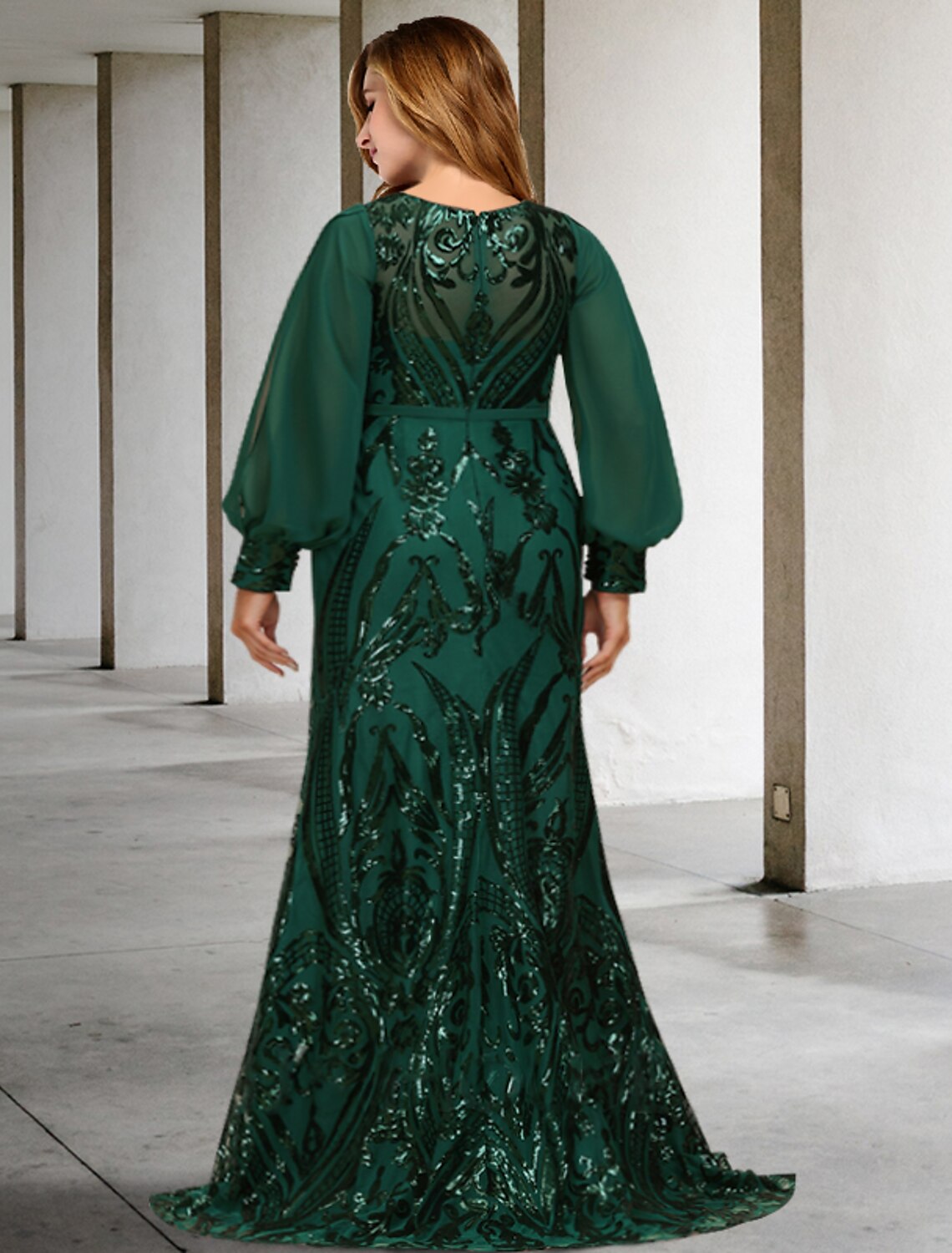 Aimishang  Mermaid / Trumpet Mother of the Bride Dresses Plus Size Hide Belly Curve Elegant Dress Formal Sweep / Brush Train Long Sleeve Jewel Neck Chiffon with Sequin
