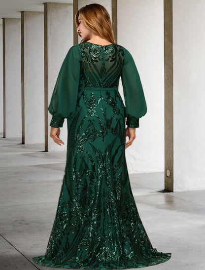 Aimishang  Mermaid / Trumpet Mother of the Bride Dresses Plus Size Hide Belly Curve Elegant Dress Formal Sweep / Brush Train Long Sleeve Jewel Neck Chiffon with Sequin