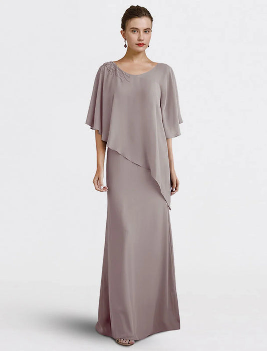 Aimishang Sheath / Column Mother of the Bride Dress Wedding Guest Plus Size Elegant V Neck Floor Length Chiffon Half Sleeve with Beading Fall