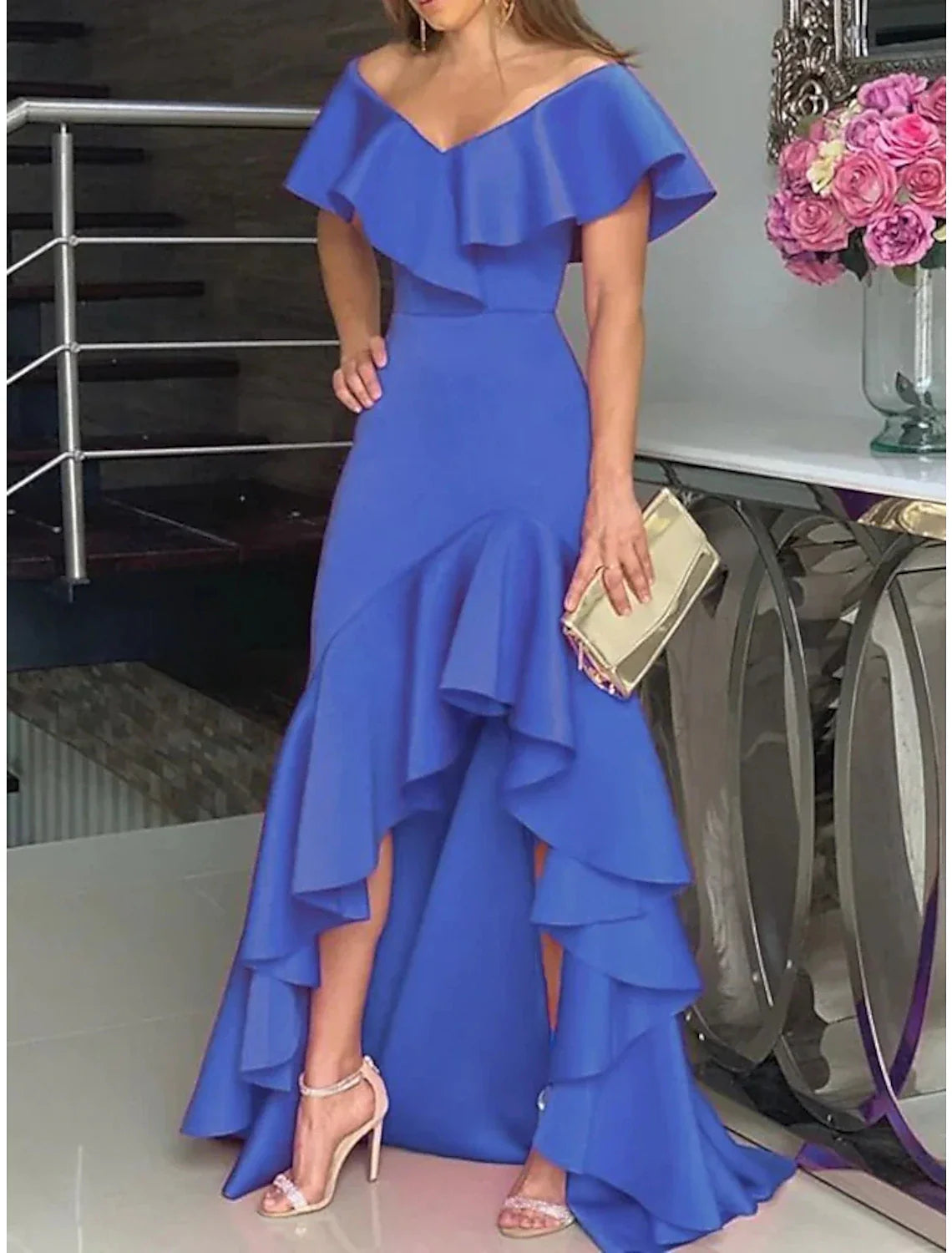 A-Line Wedding Guest Dresses Minimalist Dress Wedding Party Semi Formal Asymmetrical Sleeveless V Neck Satin with Ruffles Slit