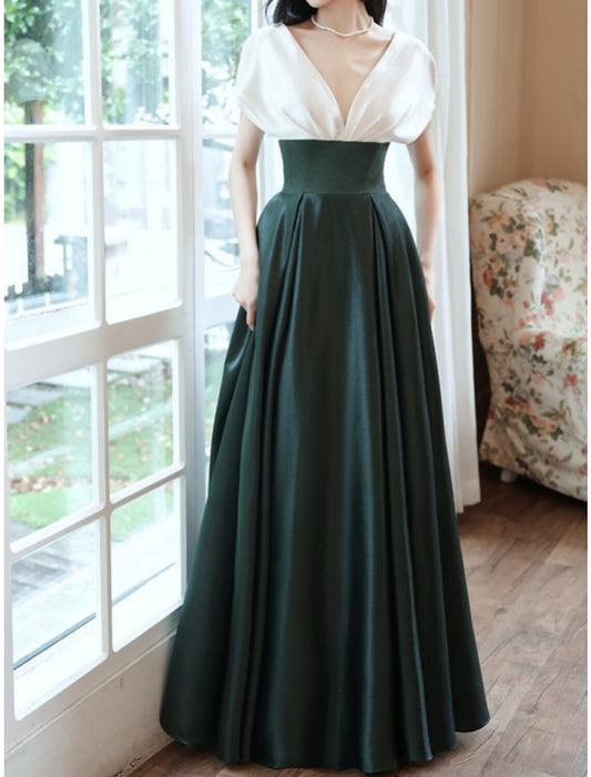Aimishang Sheath / Column Mother of the Bride Dress Wedding Guest Vintage Elegant V Neck Floor Length Satin Short Sleeve with Pleats Color Block