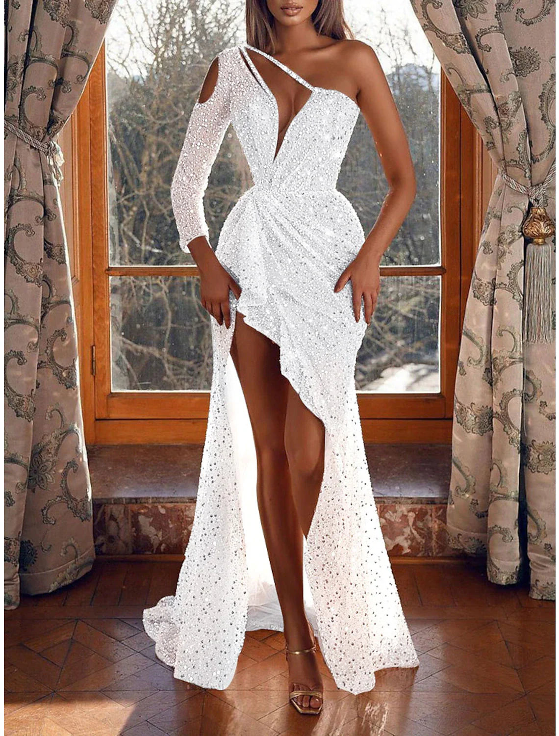 Aimishang Mermaid / Trumpet Prom Dresses Sparkle & Shine Dress Wedding Guest Formal Evening Sweep / Brush Train Long Sleeve One Shoulder Sequined with Sequin