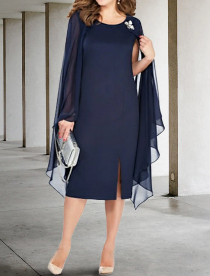 Aimishang Sheath / Column Mother of the Bride Dress Plus Size Jewel Neck Tea Length Chiffon Long Sleeve with Crystal Brooch