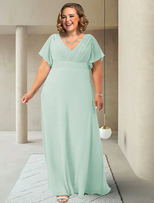A-Line Mother of the Bride Dress Plus Size Elegant V Neck Floor Length Chiffon Short Sleeve with Sash / Ribbon Ruching