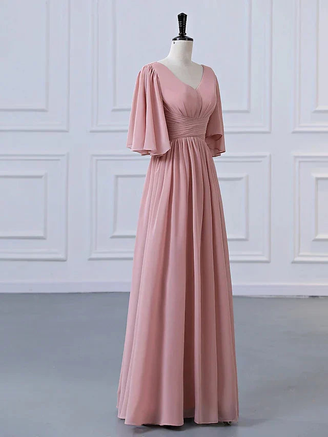 DingjiA-Line Bridesmaid Dress V Neck Half Sleeve Elegant Floor Length Chiffon with Pleats / Ruffles