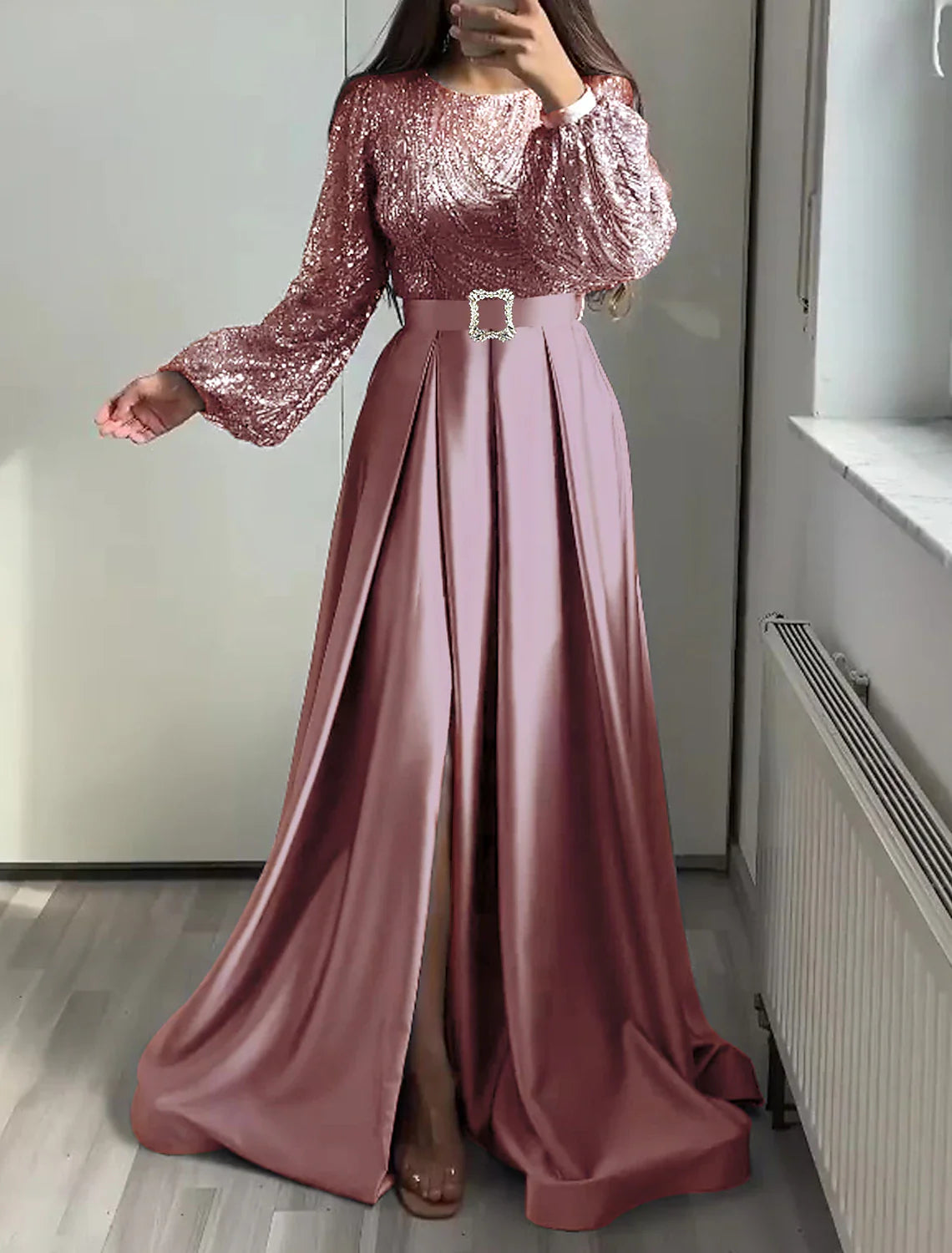 Aimishang A-Line Evening Gown Elegant Dress Wedding Black Tie Floor Length Long Sleeve Jewel Neck Fall Wedding Guest Satin with Sequin