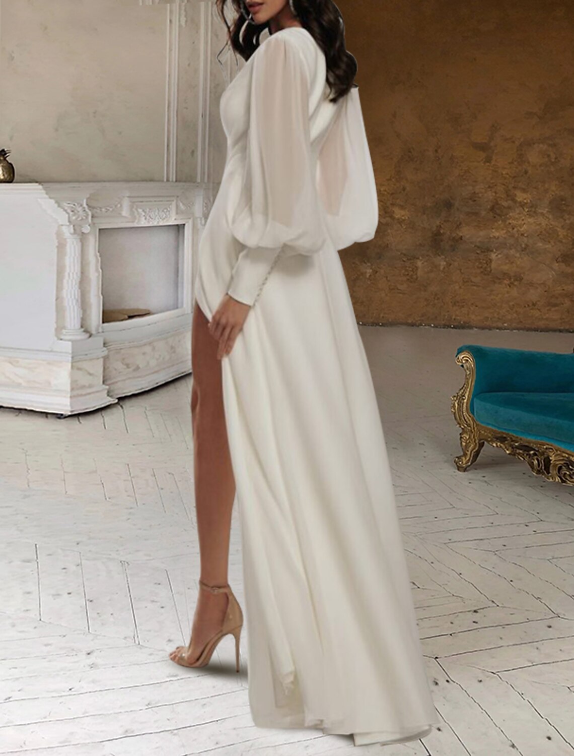 Aimishang Hall Casual Wedding Dresses A-Line V Neck Long Sleeve Floor Length Chiffon Bridal Gowns With Split Front Solid Color